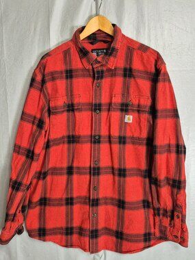 Carhartt Loose Fit Flannel Shirt Mens L Red Plaid Heavyweight EUC